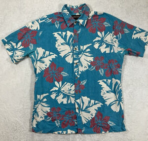 Vacation Lulu Shirt Men's Aloha Hawaiian Hibiscus Palm Button Down Blue Medium